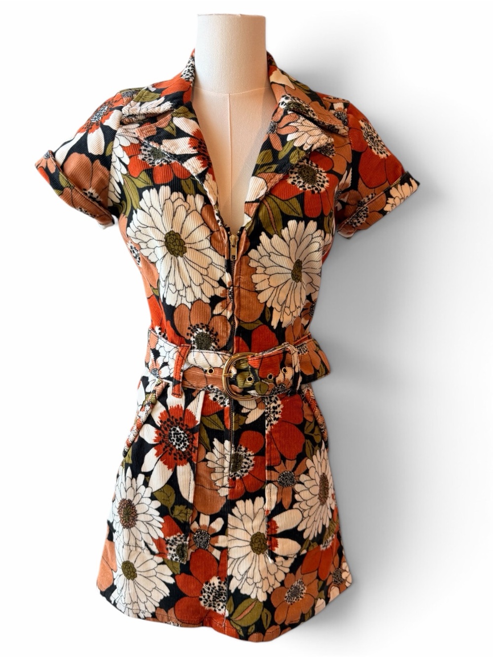 Show Me Your Mumu Corduroy Floral Print Zip Front Dress in Cream, Black, Orange
